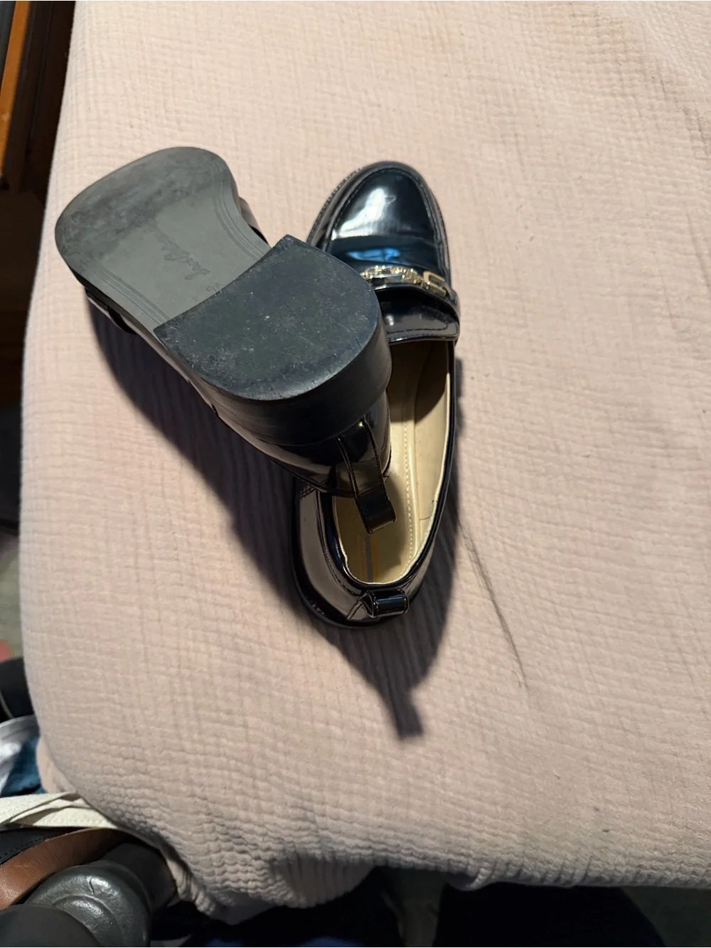 Sam Edelman Black Patent Loafers with Gold Chain Accent